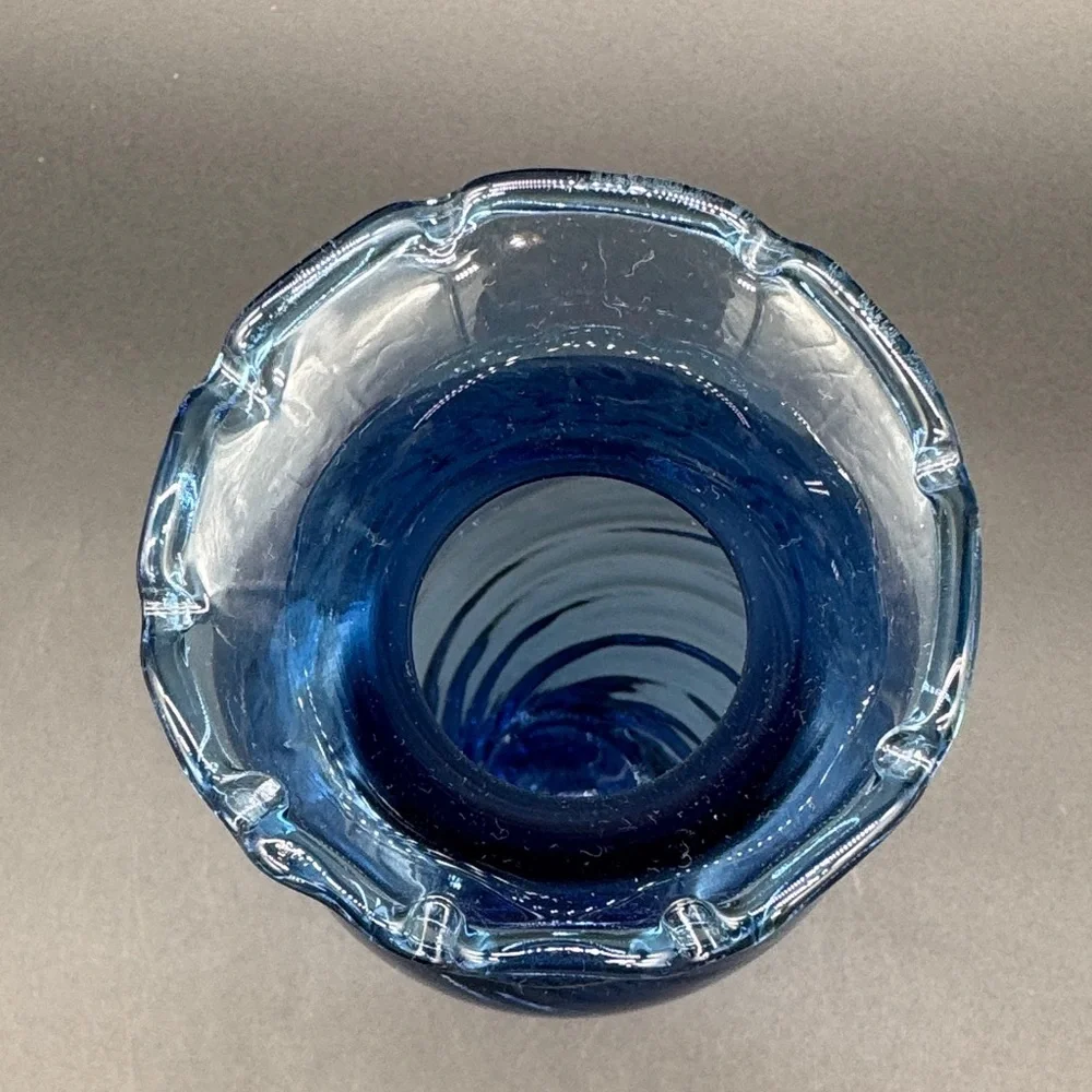 Scalloped Blue Swirl Twisted Art Glass Bud Vase